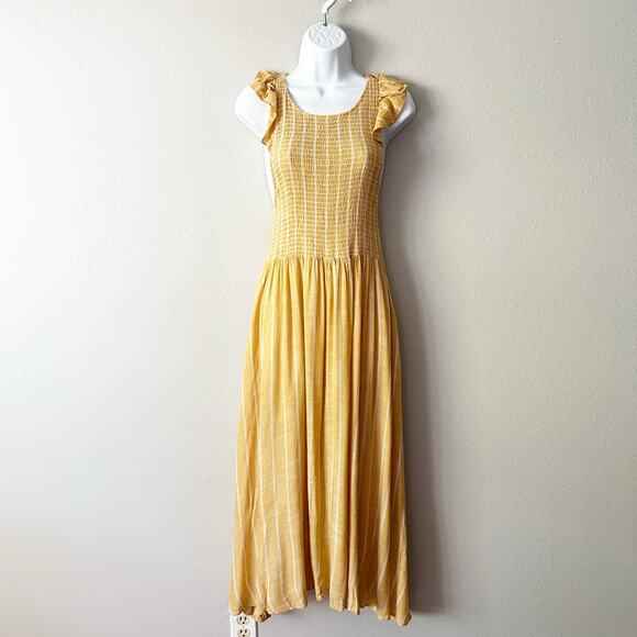 Free People Yellow Smocked Sleeveless Racerback Midi Dress Women's Size XS - Picture 2 of 12